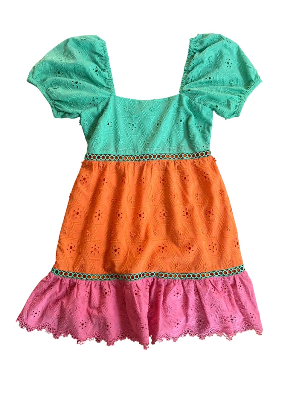 Greylin Anthropologie Colorblock Eyelet Mexican Puff Sleeve Tiered Mini Dress